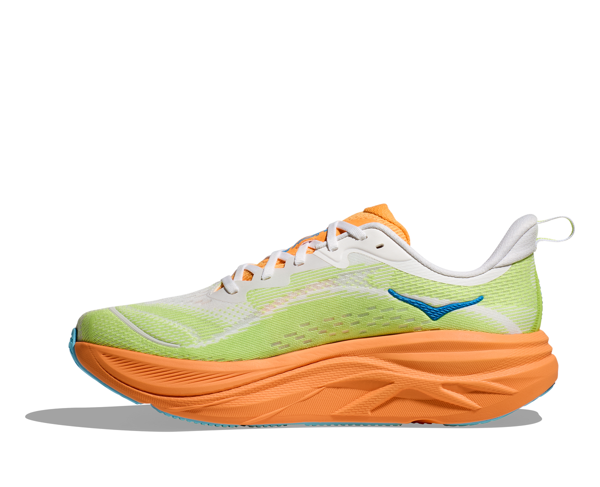 Hoka Skyflow men's running shoe medial side view in Frost Solar Flare colorway on white background