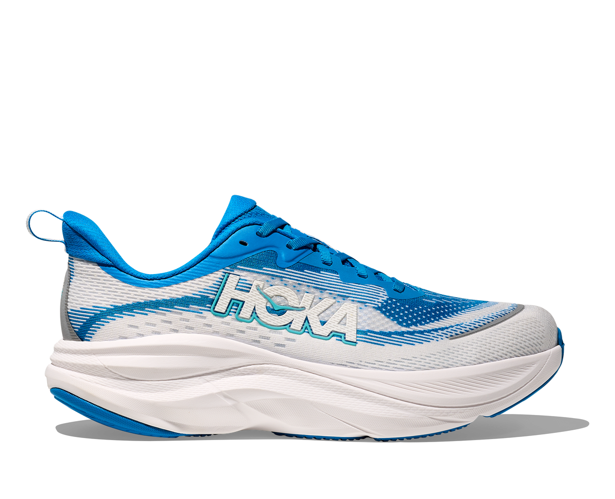 HOKA Skyflow men's running shoe in blue and white, lateral side view