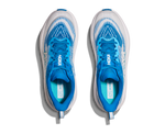 Pair of HOKA Skyflow running shoes top-down view showing blue and white upper
