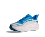HOKA Skyflow men's running shoe in blue and white, three-quarter front view