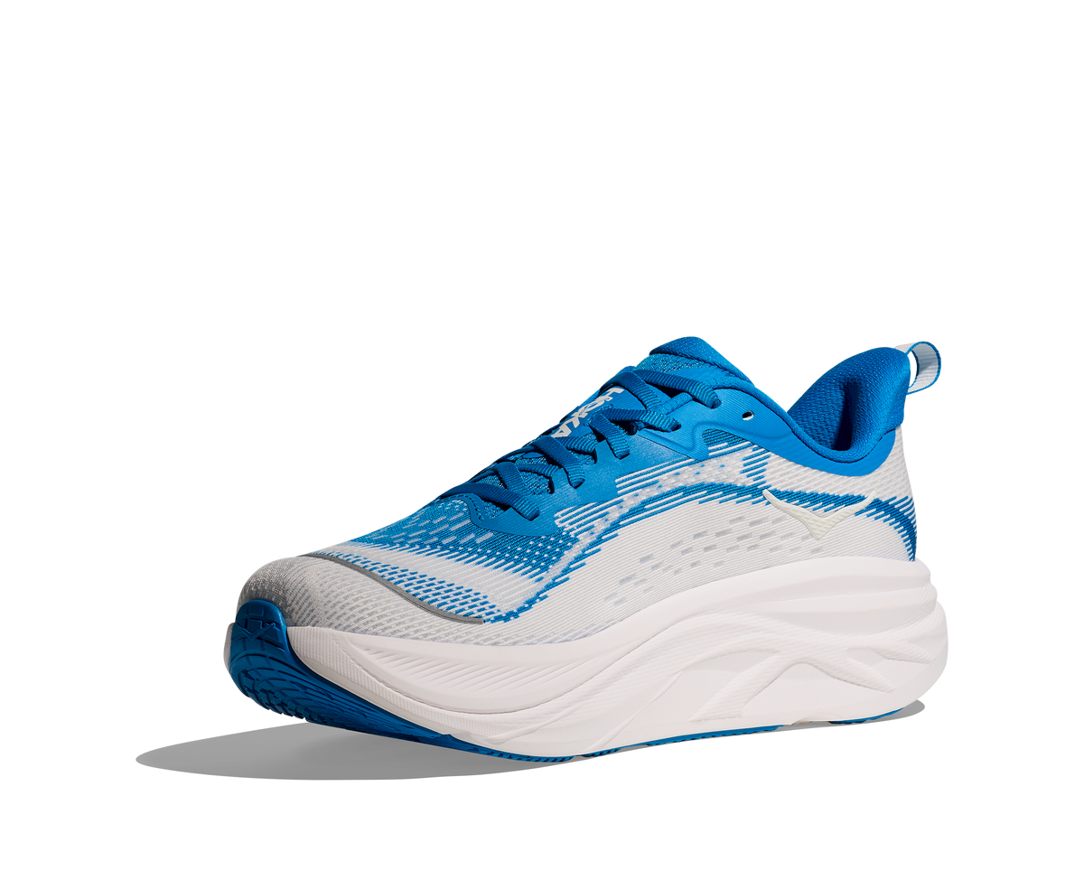 HOKA Skyflow men's running shoe in blue and white, three-quarter front view