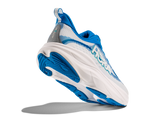 HOKA Skyflow running shoe close-up heel and outsole detail in blue and white
