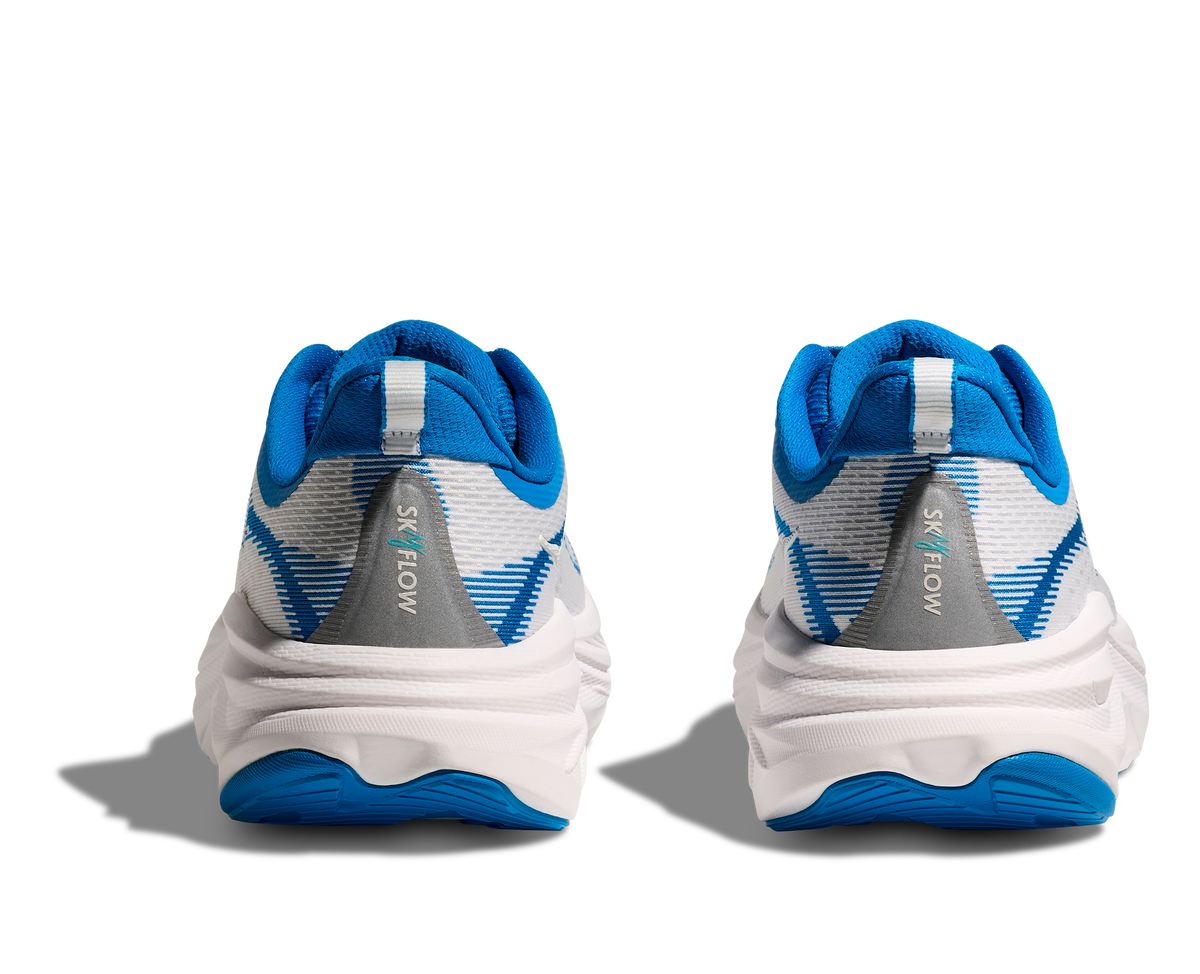 Pair of HOKA Skyflow running shoes rear view showing heel detail and SKYFLOW branding