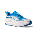 HOKA Skyflow men's running shoe in blue and white, three-quarter medial view