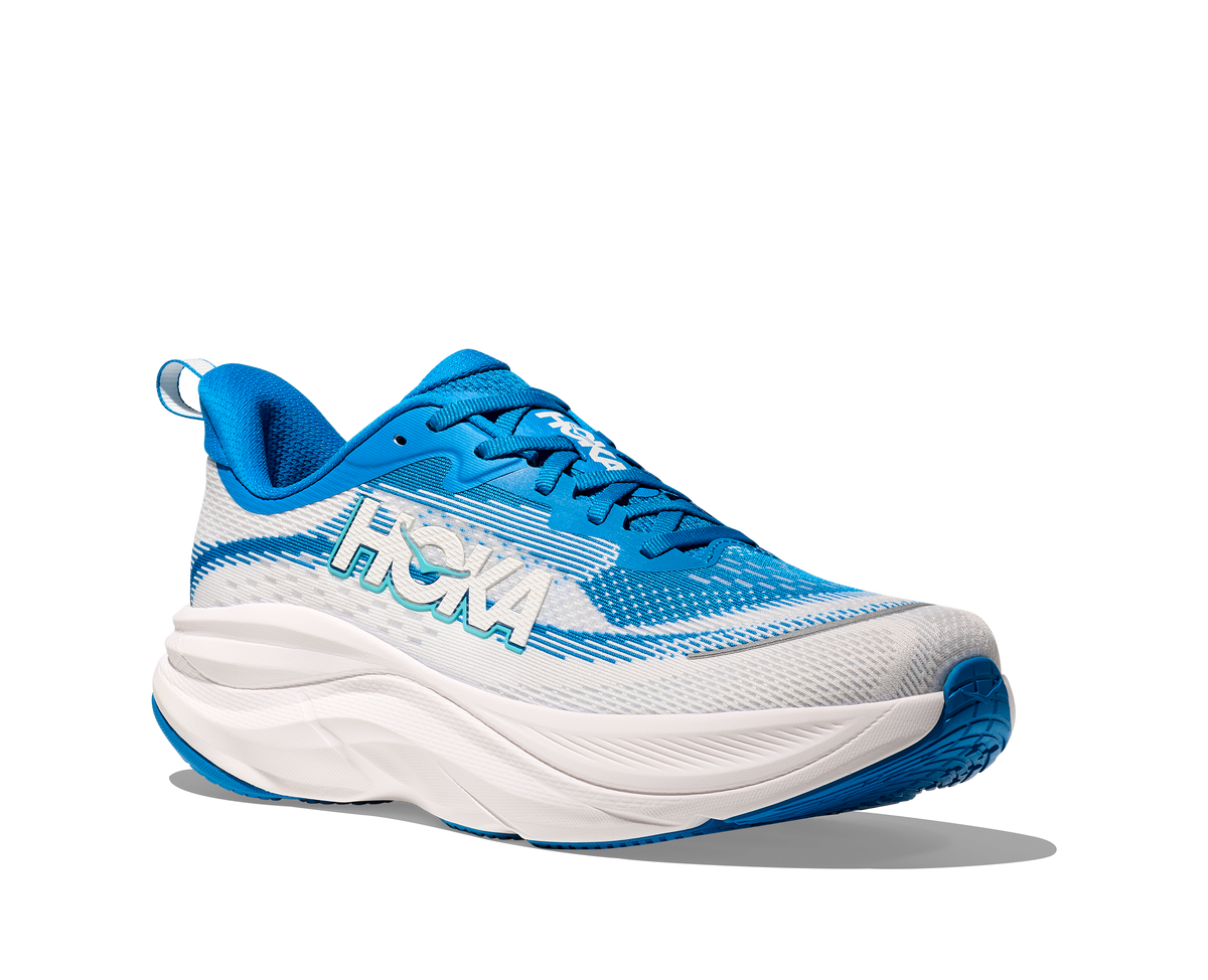 HOKA Skyflow men's running shoe in blue and white, three-quarter medial view