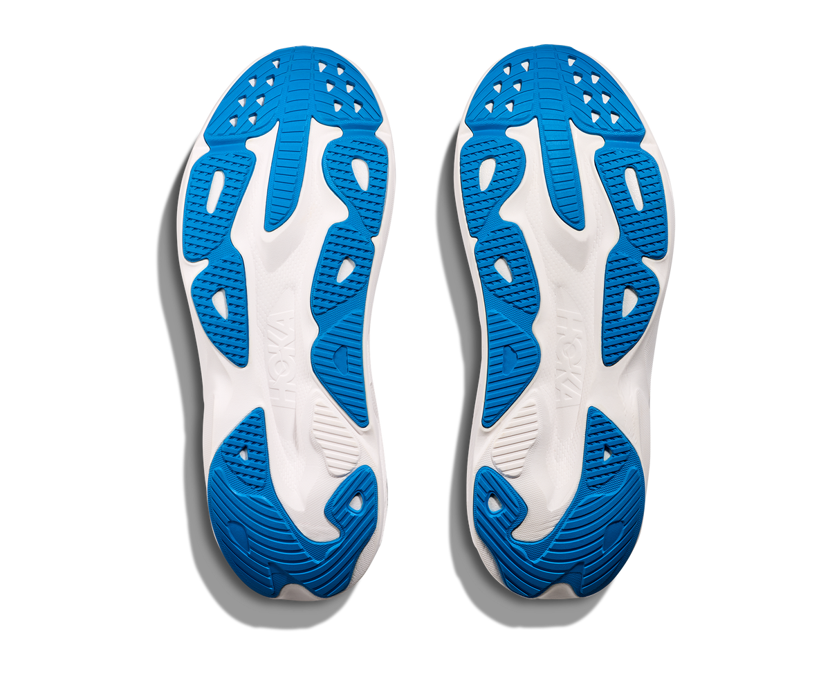 Pair of HOKA Skyflow running shoes bottom view showing blue and white outsole pattern