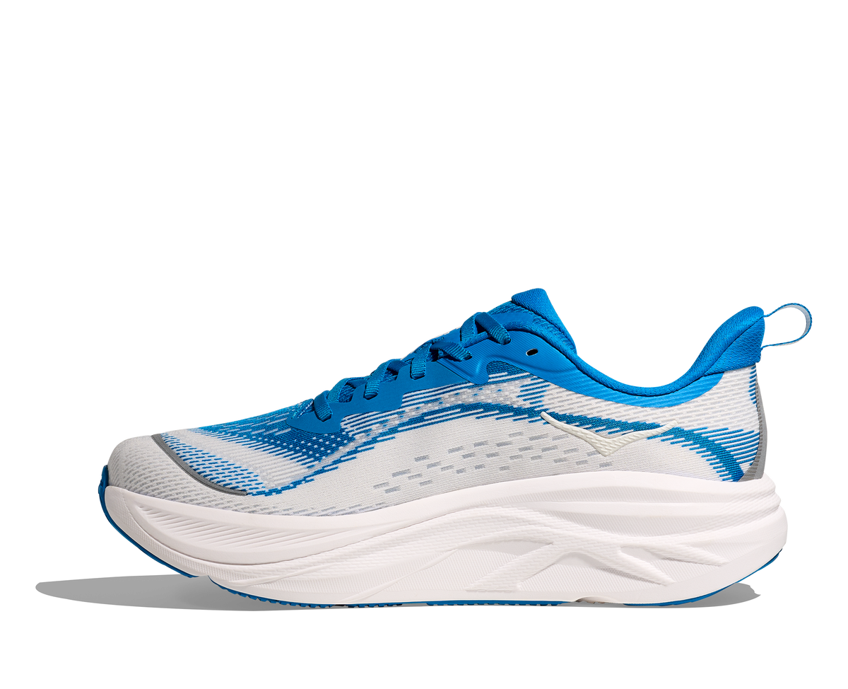 HOKA Skyflow men's running shoe in blue and white, medial side view