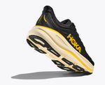 Hoka Bondi 9 running shoe in black with yellow branding and cream sole