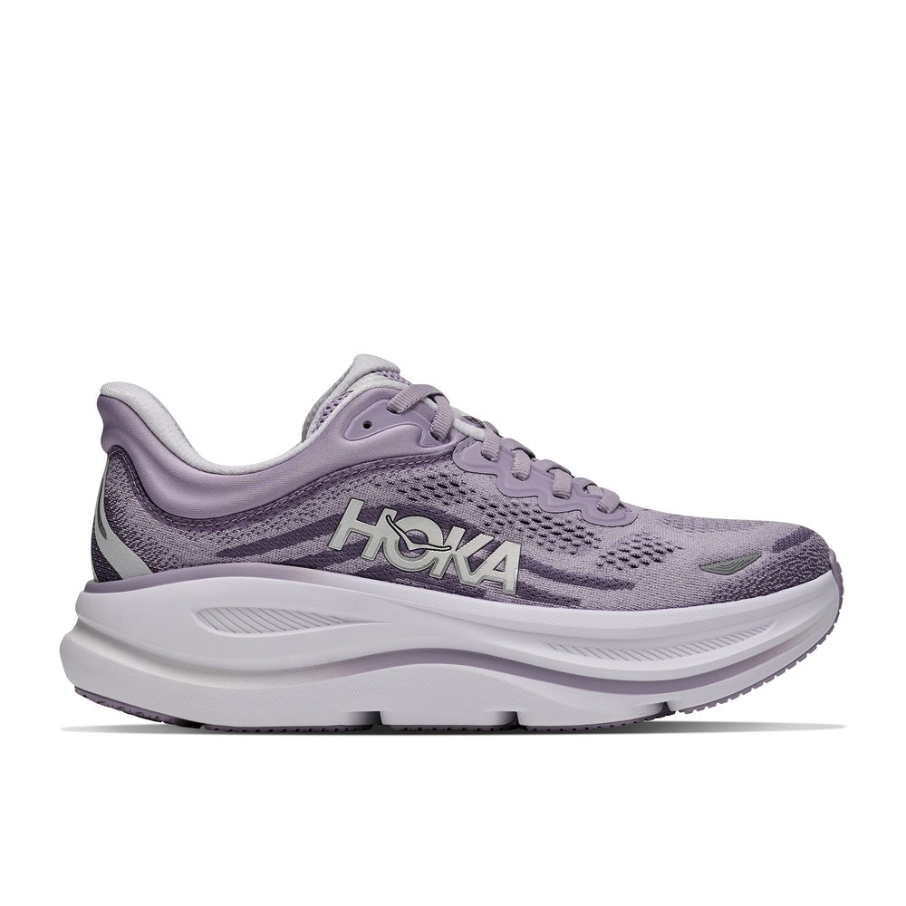 Hoka Bondi 9 running shoe in mellow lilac and purple fog colorway, lateral view