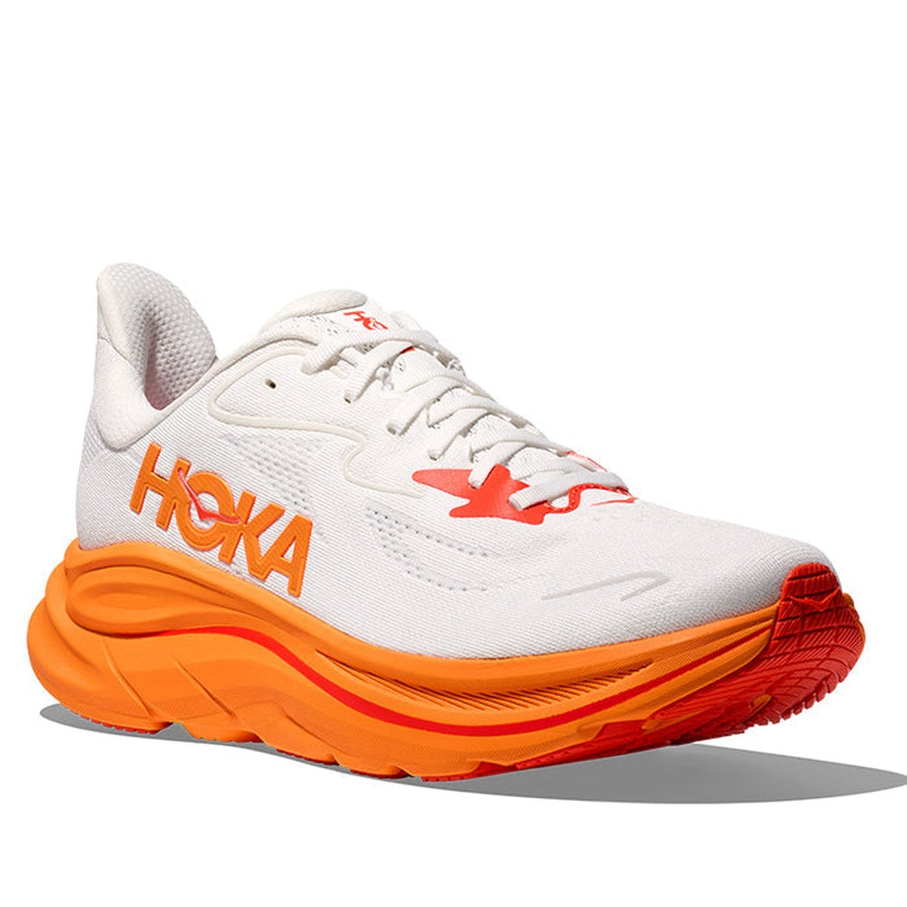 Hoka Clifton 10 Women's running shoe in frost white and orange zest colorway