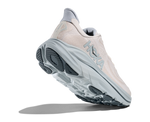 HOKA Clifton 10 women's shoe angled sole view showing outsole traction pattern and midsole cushioning