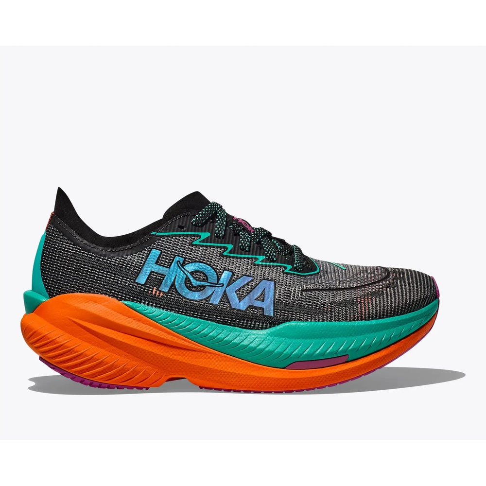 HOKA Mach X 2 women's running shoe in black with electric aqua and orange colorway