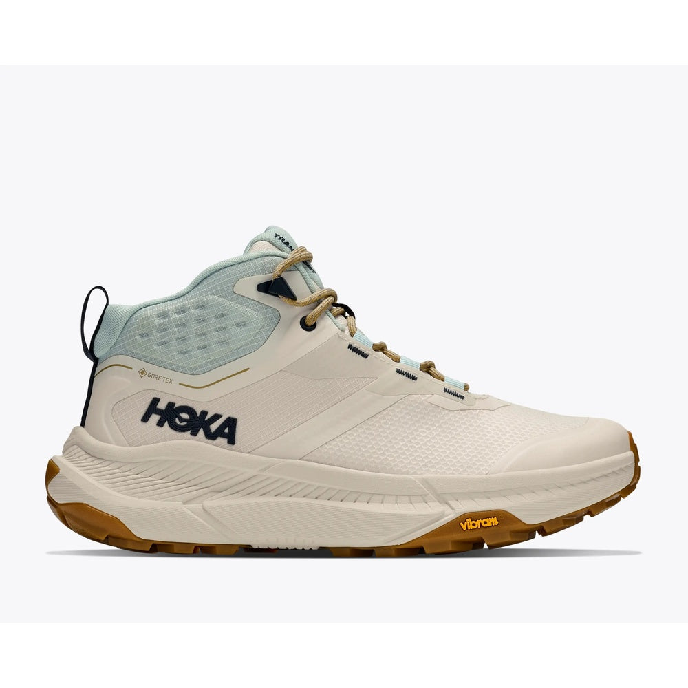 HOKA Transport Hike GTX mid hiking boot in alabaster and glimmering blue with Vibram outsole