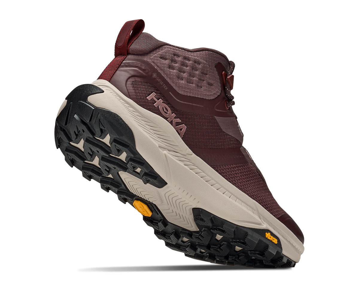 Hoka Transport Hike GTX boot showing Vibram outsole tread pattern and GORE-TEX branding