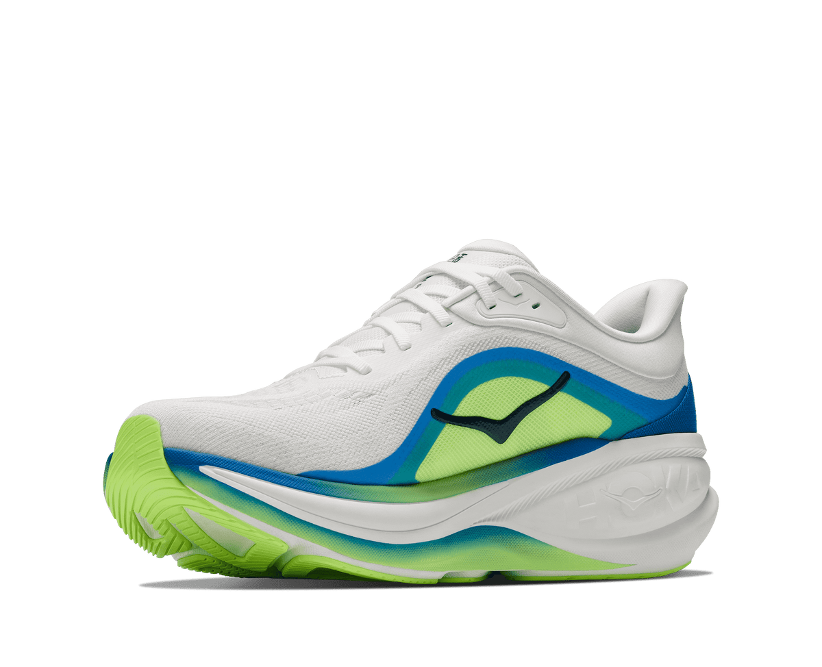 Hoka Clifton Pro shoe medial side view showing blue and neon green gradient panel detail