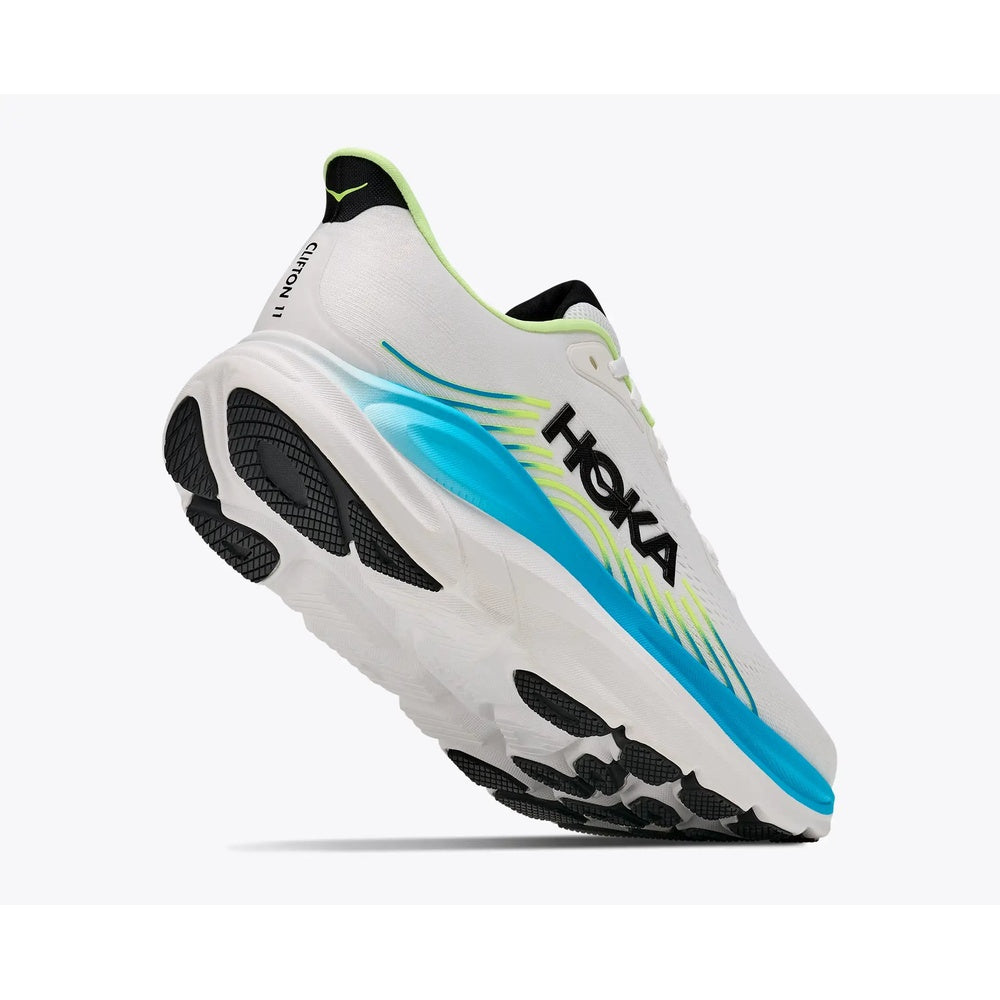 HOKA Clifton 11 running shoe in white and black with cyan blue accents