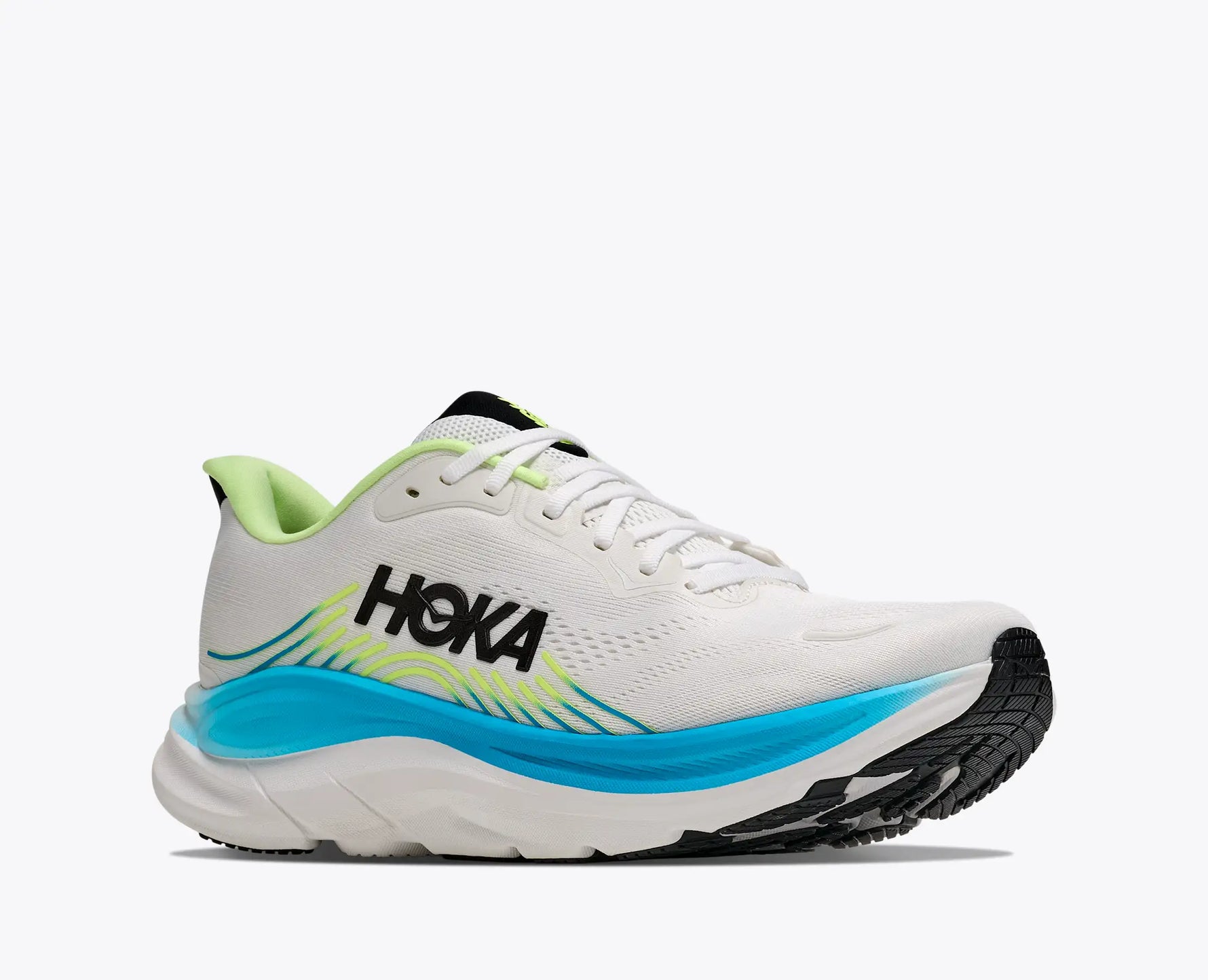 HOKA Clifton 11 running shoe in Frost and Black with cyan and lime accents