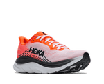 HOKA Clifton 11 running shoe in neon tangerine and frost, three-quarter medial view