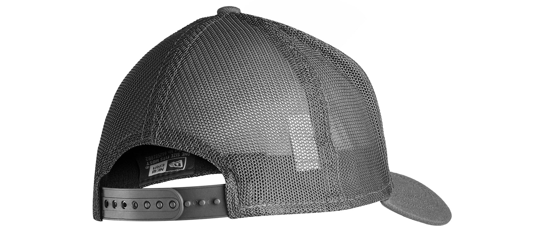 Specialized New Era Stoke Trucker Hat in black showing side profile and snapback closure