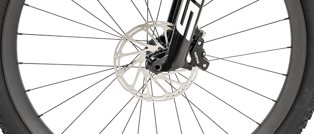 Close-up of Specialized Epic 9 Expert front wheel disc brake rotor and caliper