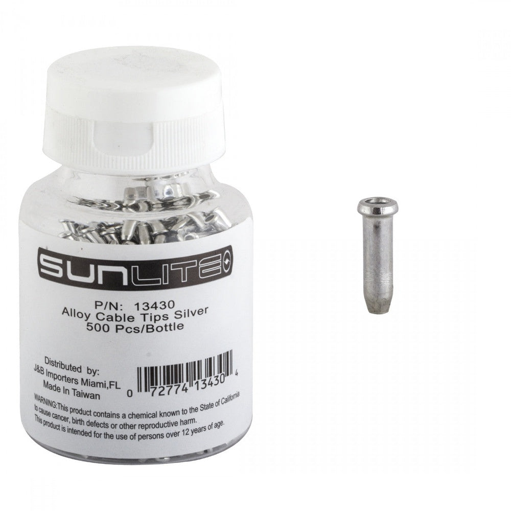 Sunlite silver alloy bicycle cable tips in clear bottle, 500 pieces, P/N 13430