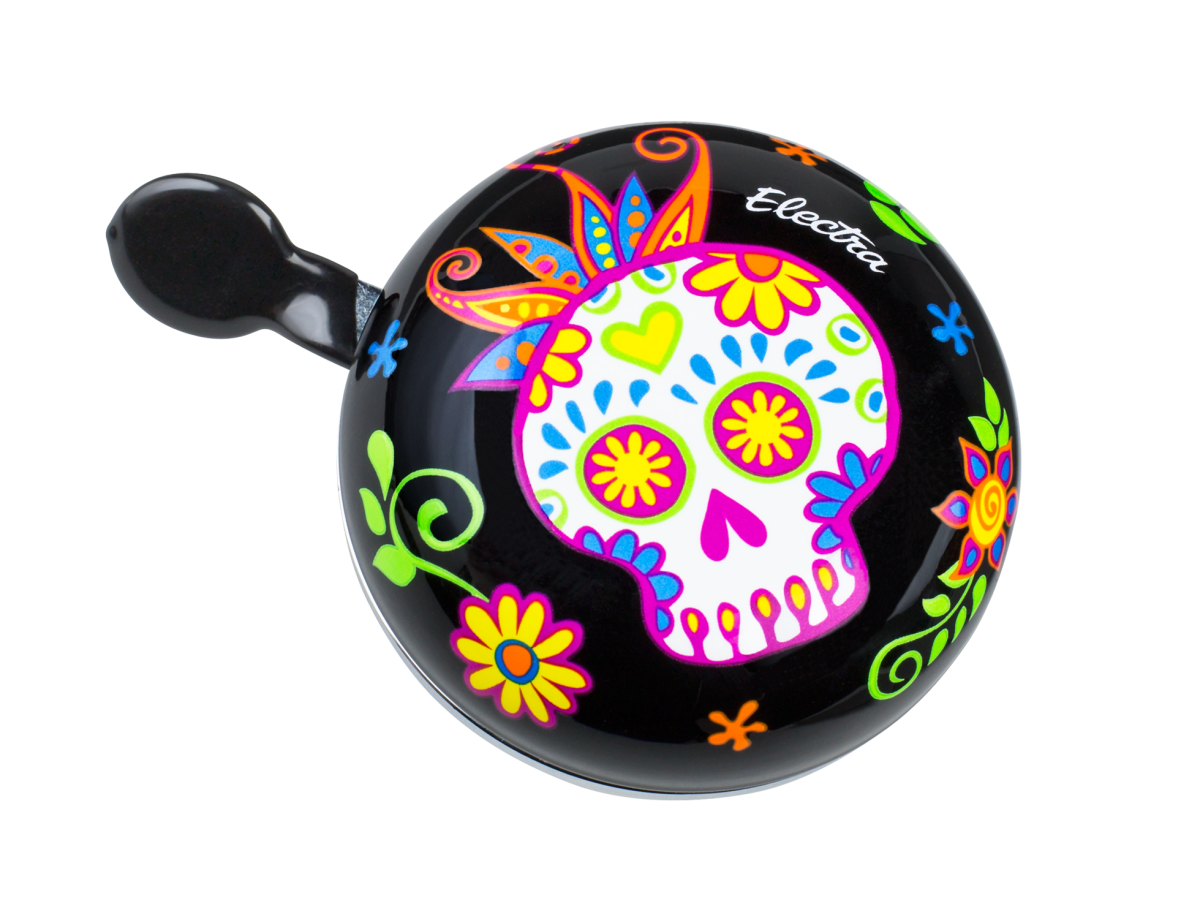 Electra bicycle bell with colorful sugar skull design on black background
