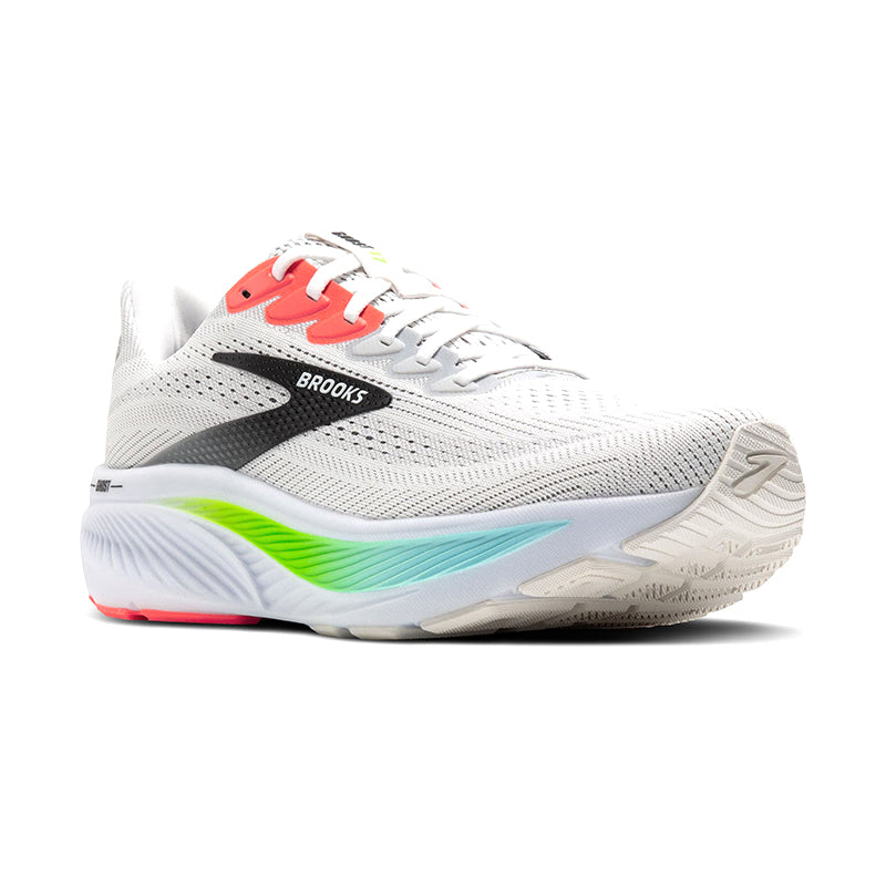 Brooks Ghost 17 men's running shoe in white with coral, lime green, and aqua accents