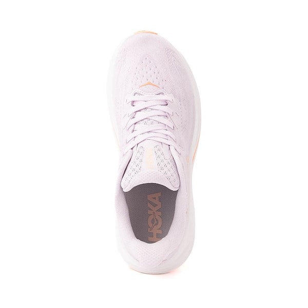 HOKA Clifton 10 women's running shoe top-down view showing lilac upper and HOKA insole branding