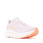 HOKA Clifton 10 women's shoe in lilac cream and tangerine glow, three-quarter front view