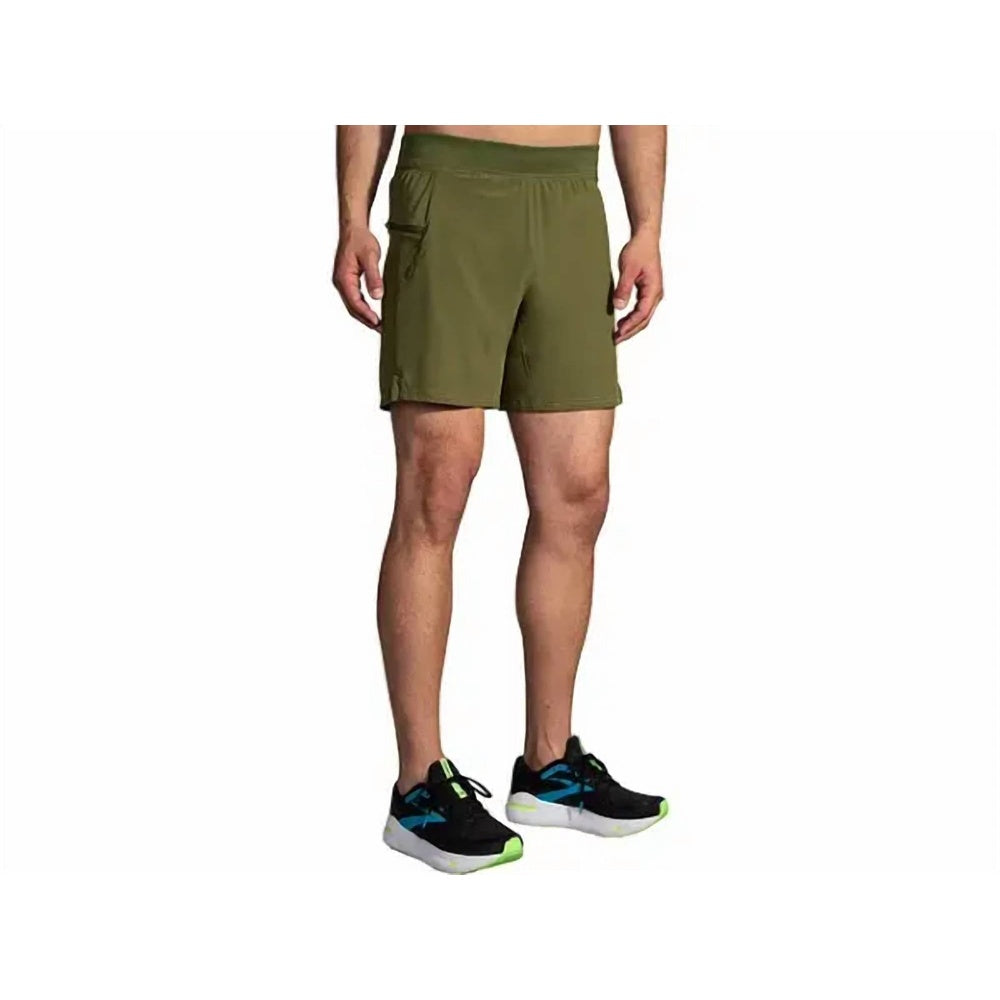 Brooks Sherpa 7-inch 2-in-1 men's running shorts in olive carbon green color