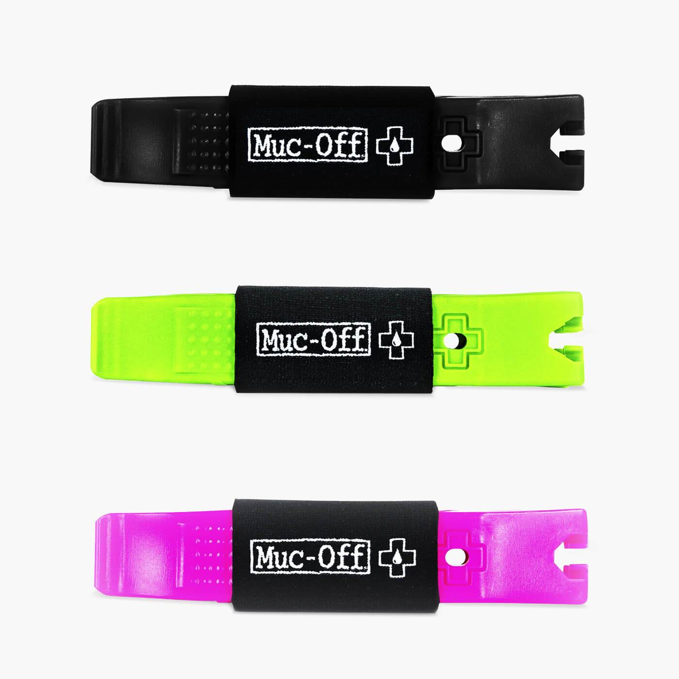 Muc-Off Rim Stix tire levers set in black, lime green, and pink colors