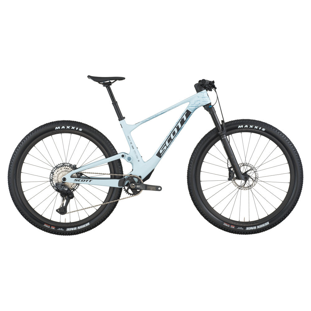 Scott Spark RC Pro full-suspension mountain bike in azure white with Maxxis tires