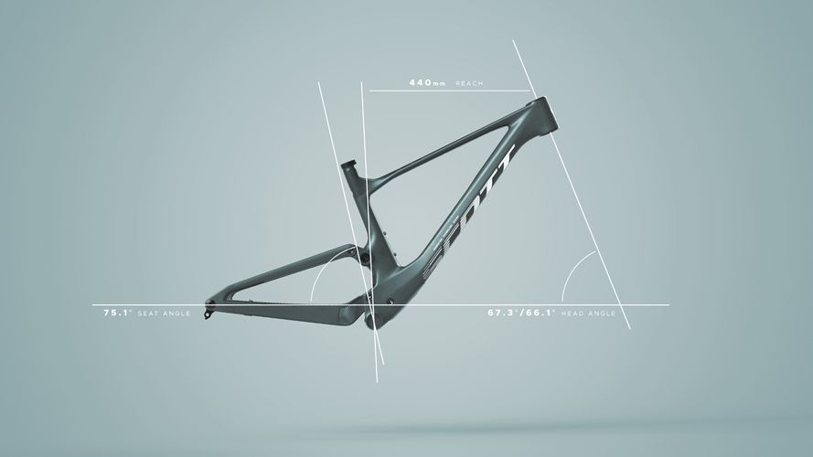 Scott Spark RC World Cup carbon mountain bike frame in matte carbon black with geometry annotations