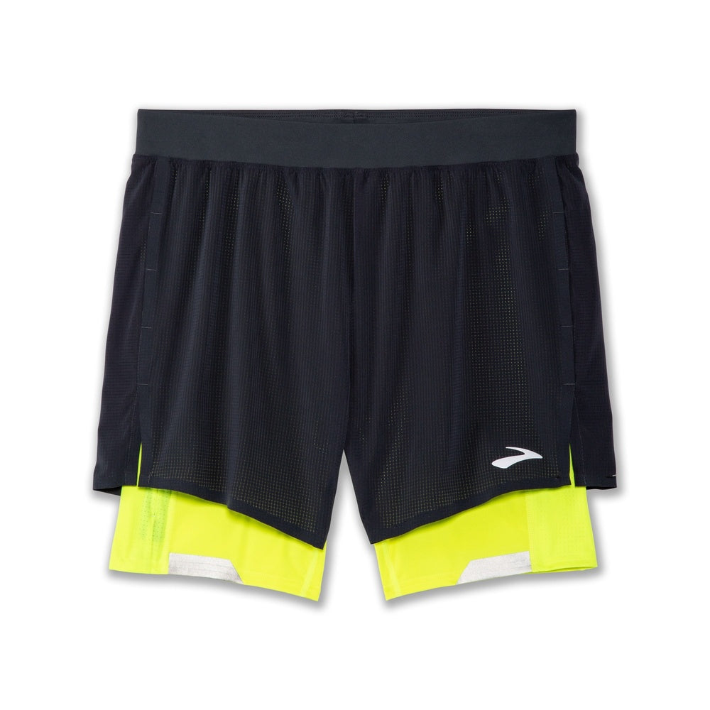 Brooks men's 2-in-1 running shorts in dark asphalt with neon yellow compression liner