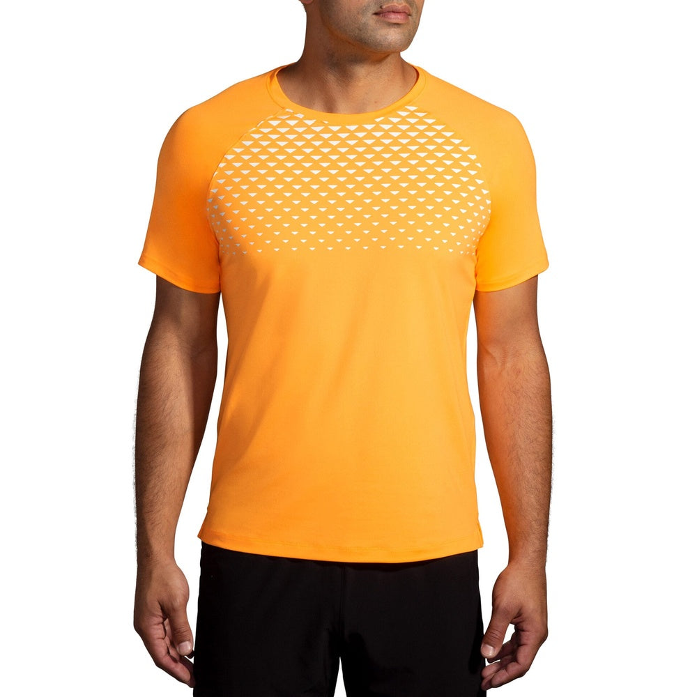 Brooks Atmosphere Short Sleeve 2.0 men's running shirt in orange with reflective chest print
