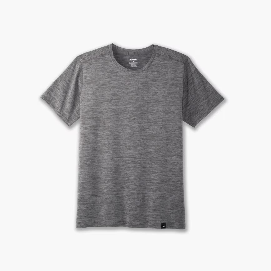 Brooks Luxe Short Sleeve t-shirt in heathered charcoal gray on white background