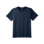 Brooks Luxe short sleeve running shirt in heathered blue slate color, crew neck