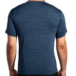 Brooks Luxe Short Sleeve shirt in HTR Cerulean shown from the back on male model