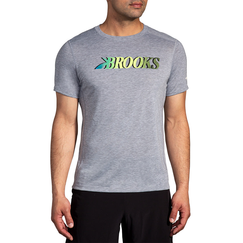 Brooks Distance Short Sleeve 3.0 men's gray running shirt with colorful logo