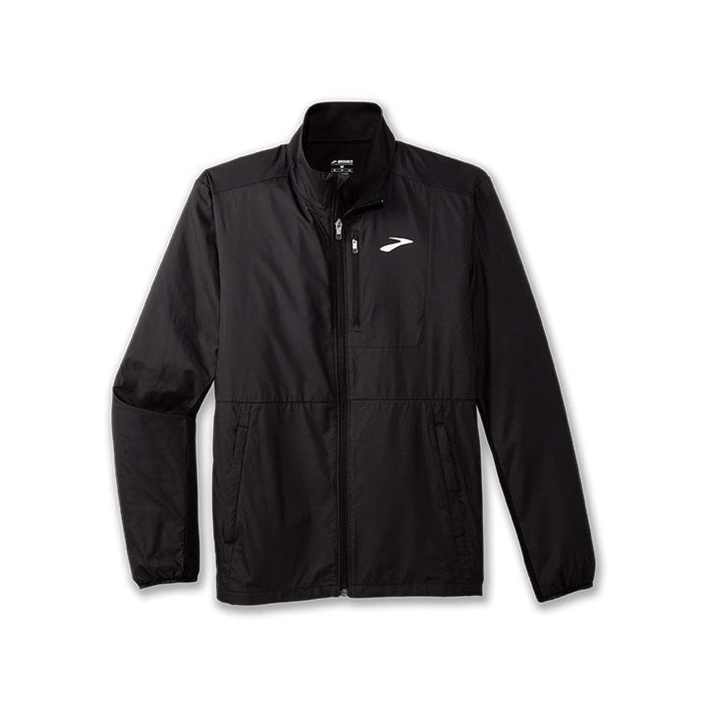 Brooks Fusion Hybrid Jacket 2.0 in black with full-zip closure and logo