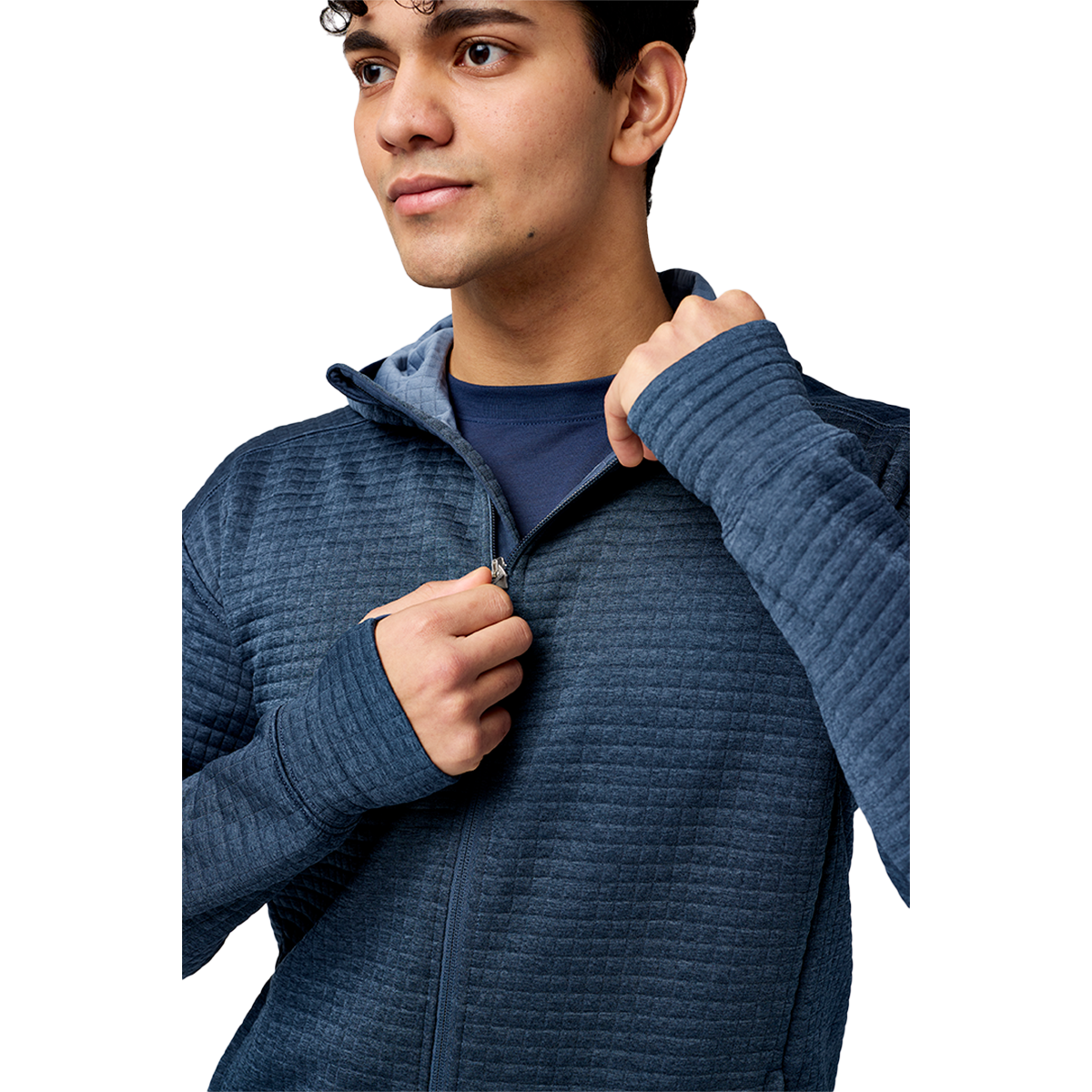 Man wearing Brooks blue heathered zip-up hoodie with ribbed texture pattern