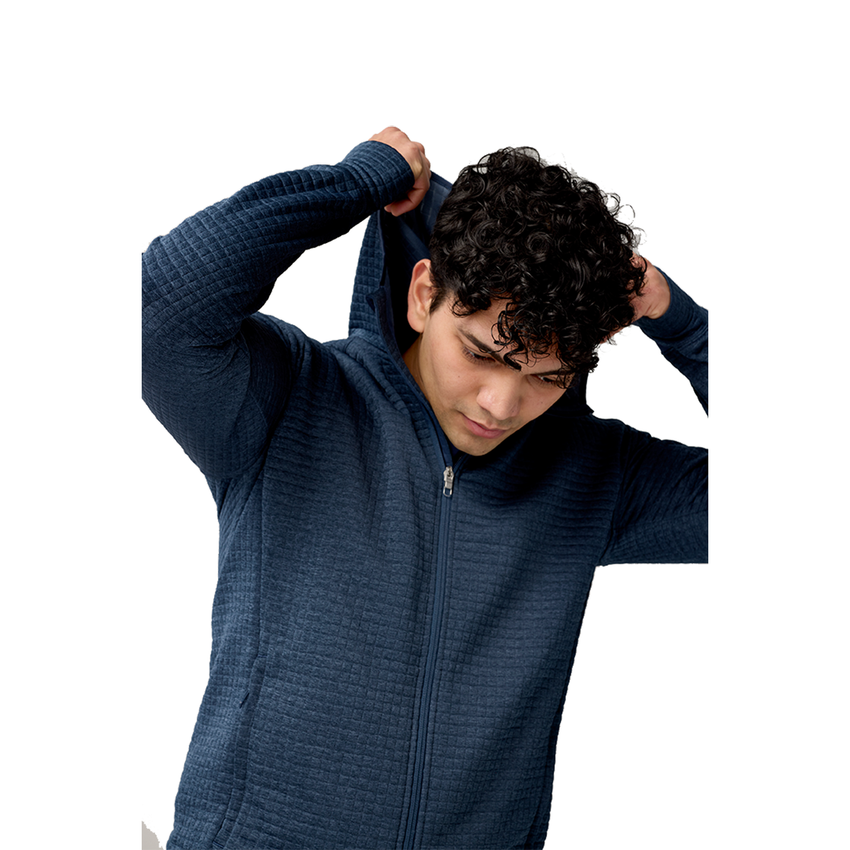 Man wearing Brooks Activate navy blue zip-up hoodie against white background