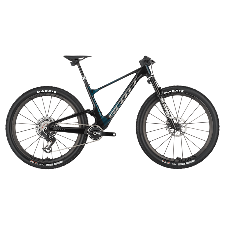 Scott Spark RC SL full-suspension mountain bike in dark carbon black with teal accents