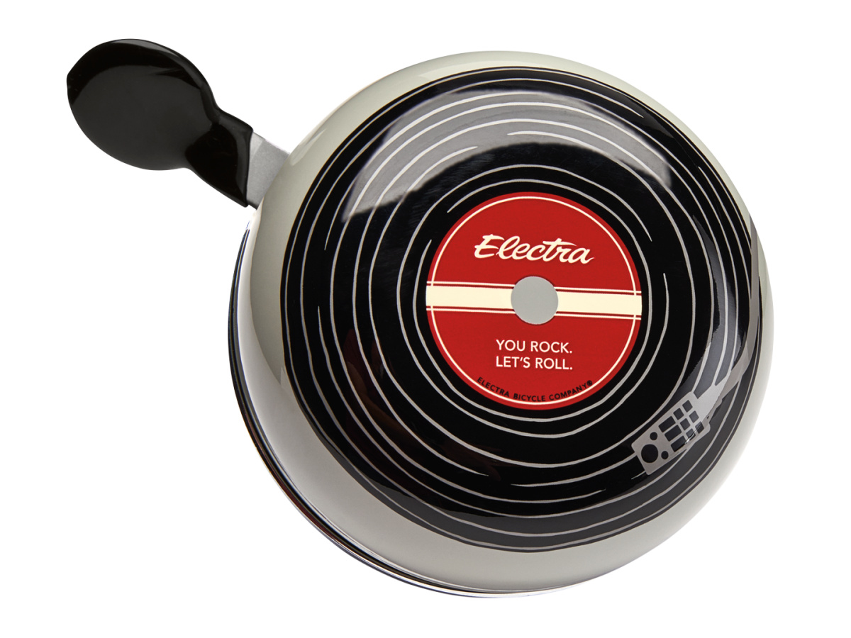 Electra bicycle bell with black vinyl record design and red Electra label