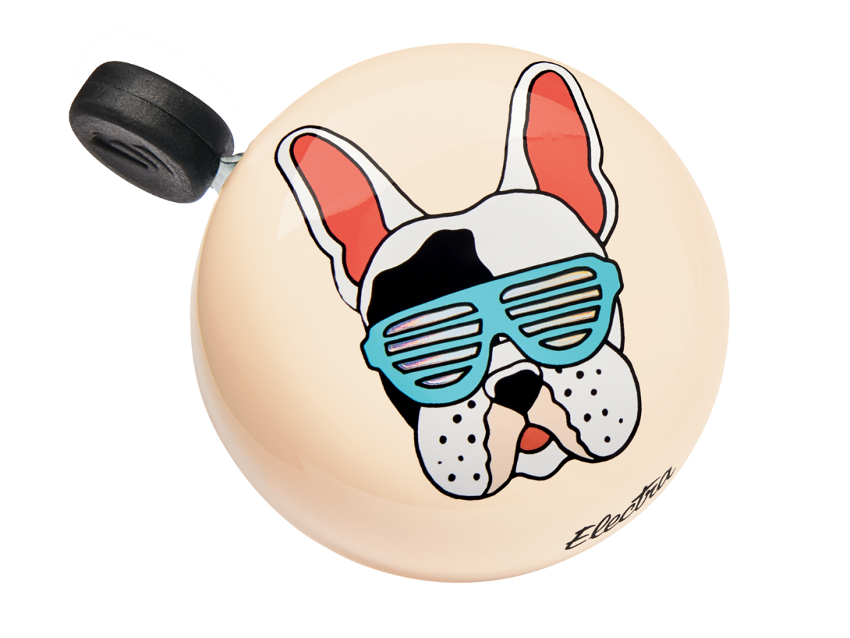 Electra bicycle bell in cream color featuring French Bulldog with sunglasses design