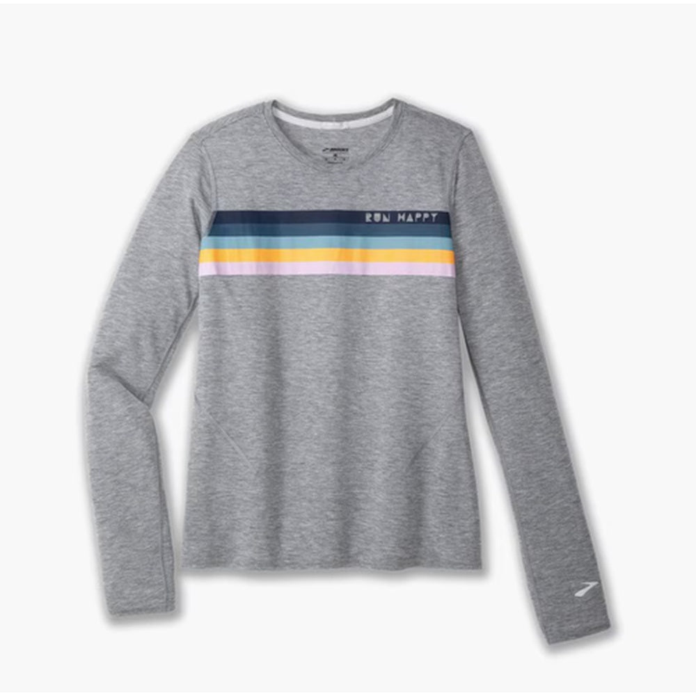 Brooks Distance Long Sleeve 3.0 in HTR Ash Brooks Stripe with multicolor chest stripes