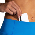Brooks Chaser 5-inch Women's Short in Azure Blue with hidden waistband pocket holding card