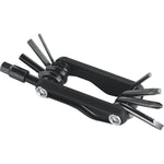 Syncros black multi-tool with folding hex keys and tools extended on white background
