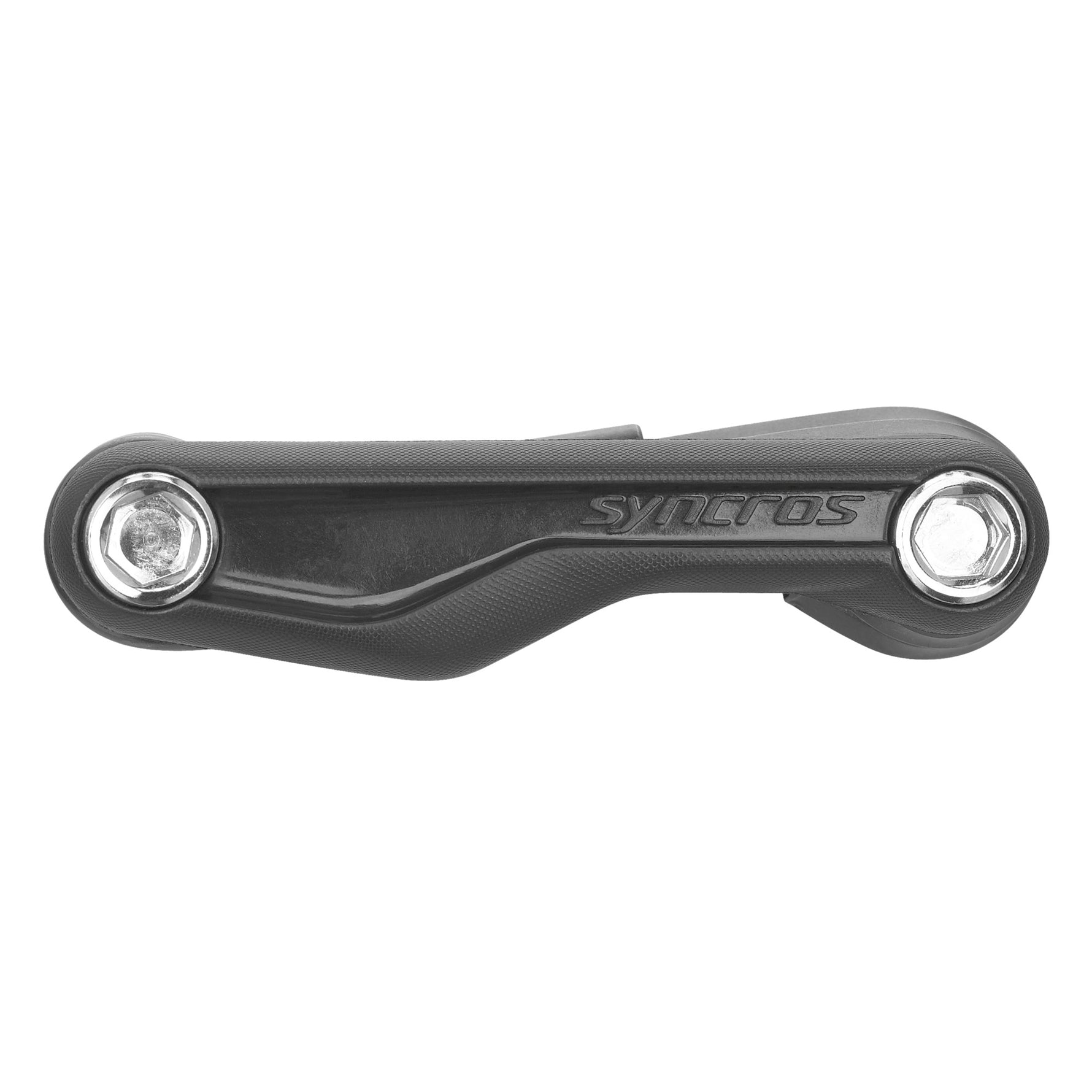 Syncros black composite multi-tool with silver bolts on white background