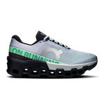 On Cloudmonster 2 women's running shoe in Nimbus Arctic with green accent and black sole